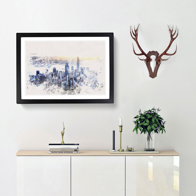 Hong Kong Skyline in China - Picture Frame Painting Print, 36cm H x 48cm W x 2cm D, Black Framed