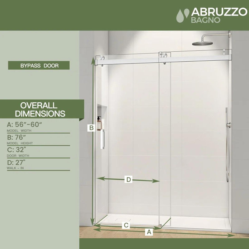 Single Sliding Frameless Shower Door 56" - 60" W x 76" H with with SGCC Thick Tampered Glass, Soft-Close, Explosion-Proof Film