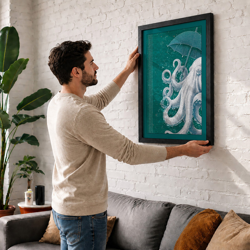 Octopus Under Umbrella Coastal - Print, A4 - 29.7 x 21.0 cm, Oak