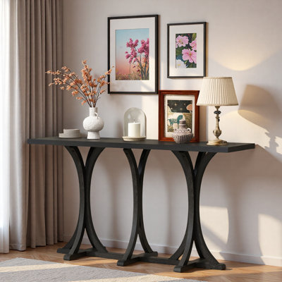 Console en bois avec plateau en placage de chêne et pieds courbés