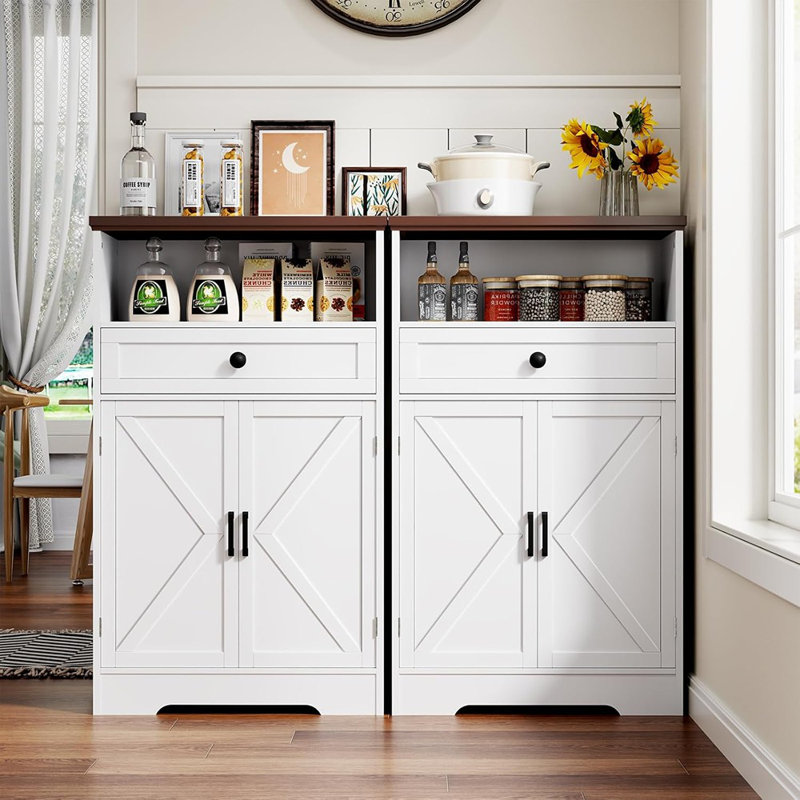Armoire de plancher blanche avec portes de grange et tiroir, tablettes réglables