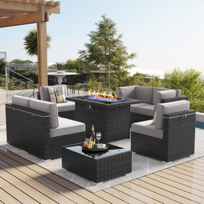  8 Piece Patio Furniture Set with 44" Propane Gas Fire Pit Table, Outdoor Sectional Conversation Set Wicker Rattan Sofa Set with Coffee Table