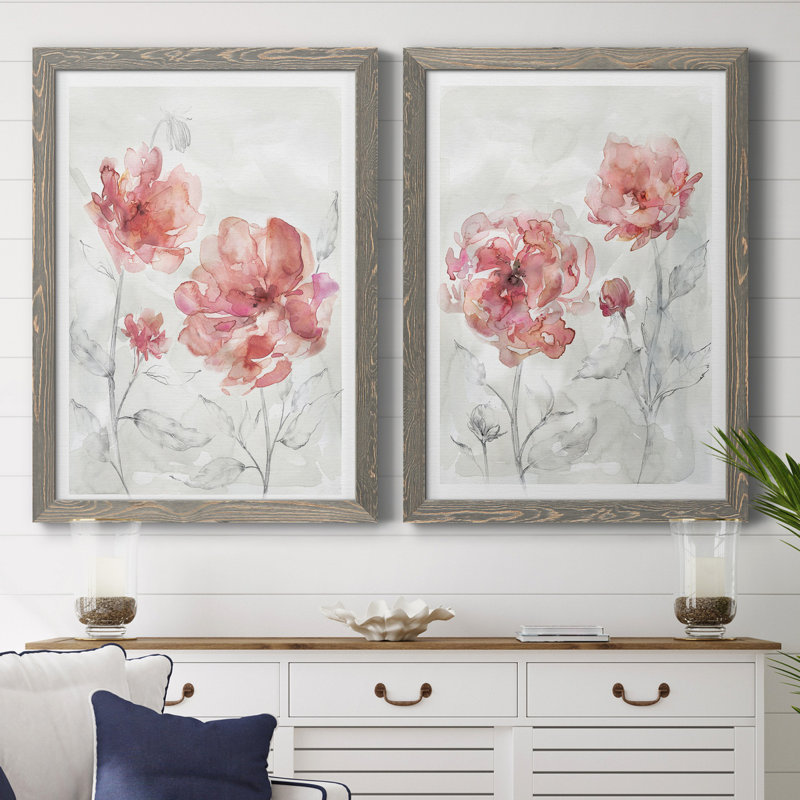 «Blush Botanical I», ensemble de 2 reproductions d'art, Toile avec cadre gris, Pas de tapis, H 31,5 po x l 47 po x P 1,5 po