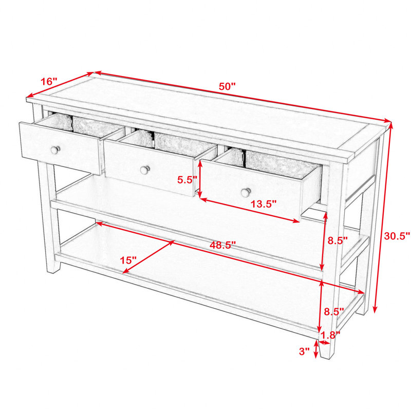 Console Gore Retro avec 3 tiroirs, 2 tablettes et une structure en bois massif pour le salon, Blanc antique
