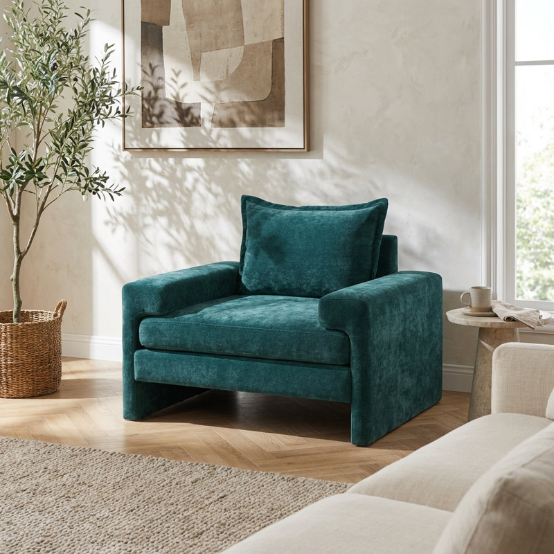 Fauteuil surdimensionné rembourré en chenille avec accoudoirs larges et rembourrage épais