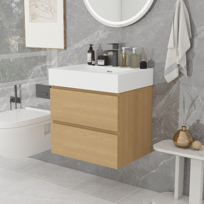 Grand meuble-lavabo mural avec rangement Modern, Blanc, Chêne