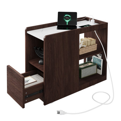 Buffet mobile avec station de charge, tiroir et tablette réglable à 3 niveaux, armoire roulante avec roues verrouillables pour la chambre à coucher et la salle à manger