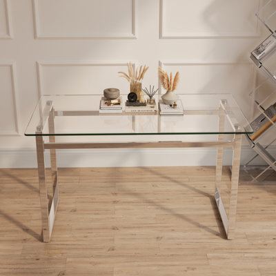 Modern Minimalist Rectangular Glass Dining Table With Tempered Glass Top And Chrome Metal Legs For 4-6 People, Perfect For Kitchen, Dining, And Living by Ivy Bronx