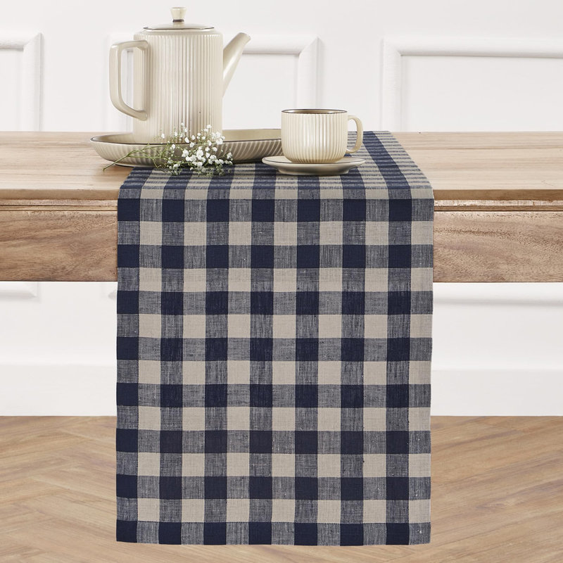 Buffalo Check - 100% Pure Linen Table Runner, 90" x 14", Navy/Natural