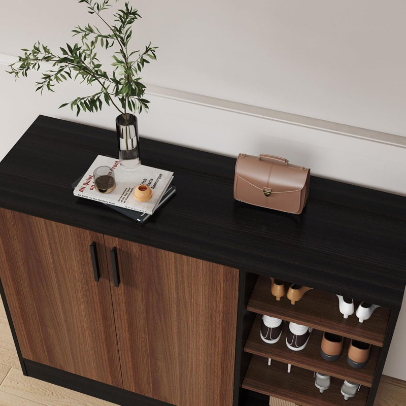 Hokku Designs Shoe Cabinet, 4-Tier Shoe Rack With Doors And Open Storage Shelf, Black/Walnut
