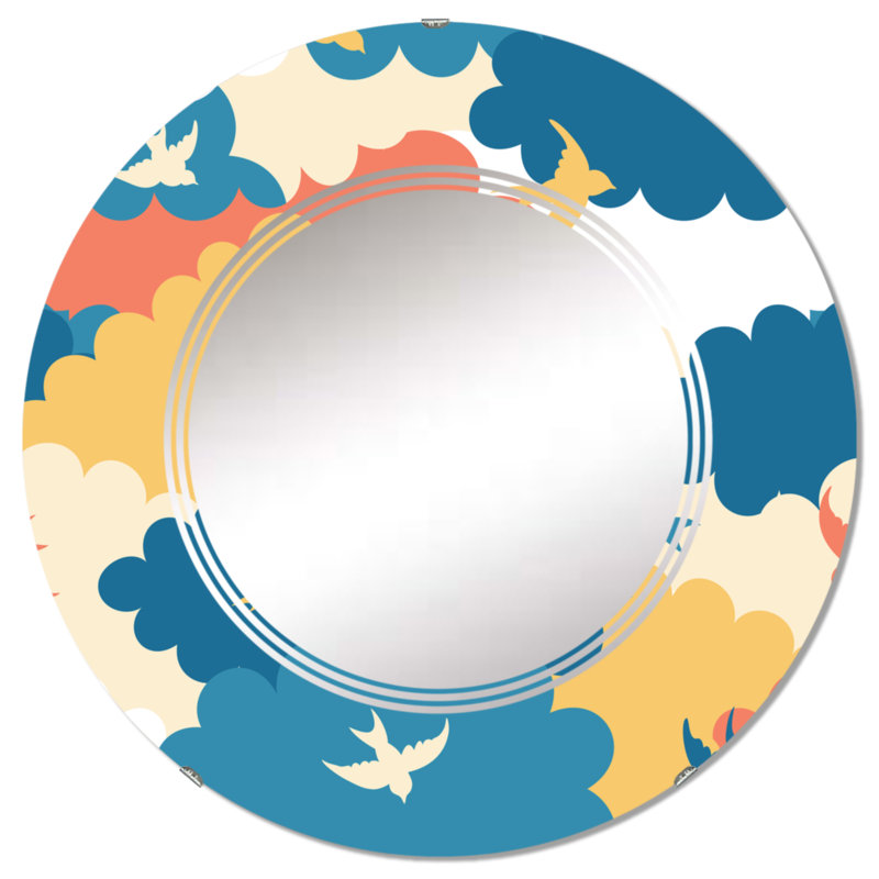 Nuage rouge, bleu et jaune avec petits oiseaux - Miroir mural à motif rond, 24 po x 24 po