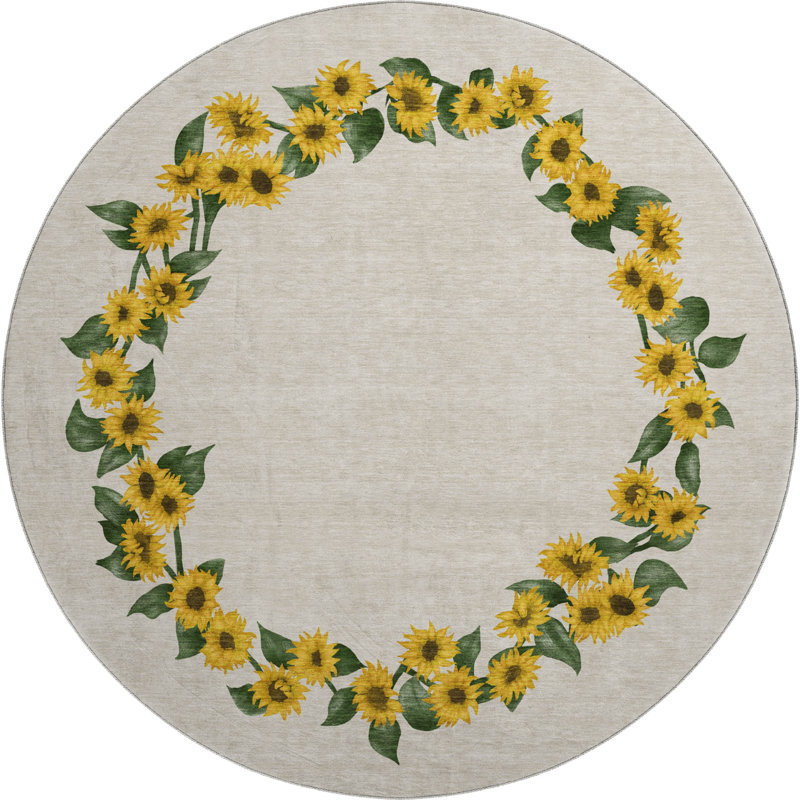 Premium Machine Washable Cerrito AMF172 Yellow Rug, Round 8'