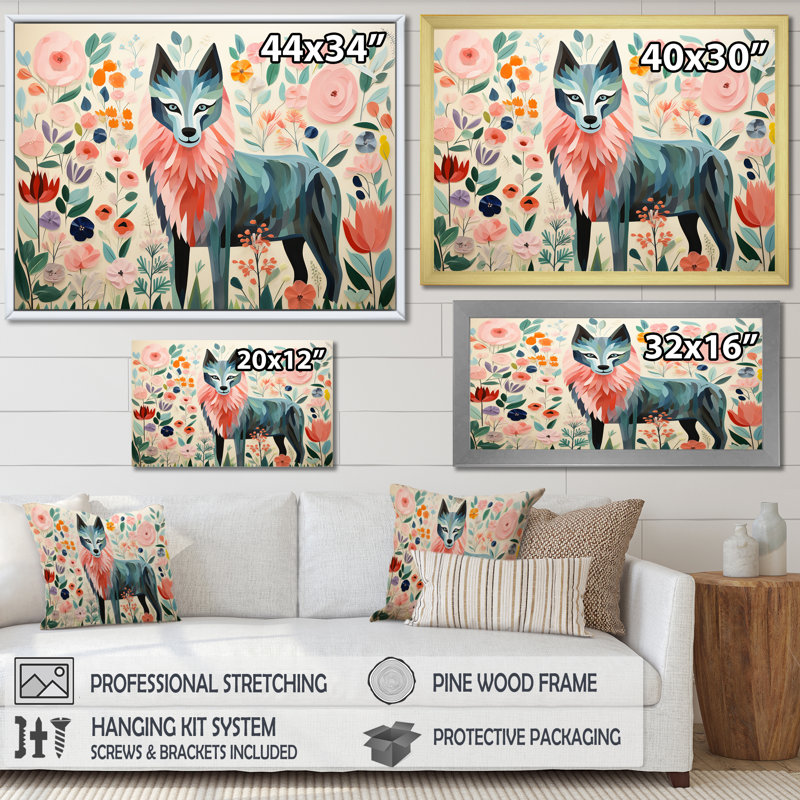 Rose et vert Boho Portrait VI - loup, art mural, Cadre d'angle fermé noir, H 34 po x l 44 po x P 1,5 po