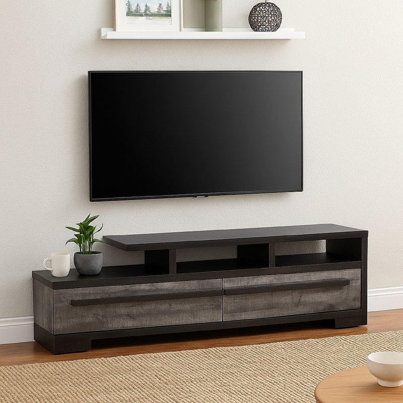 Ruthe TV Stand Media Cabinet With 2 Drawers, Shelves, Wood, Gray/Ebony Black