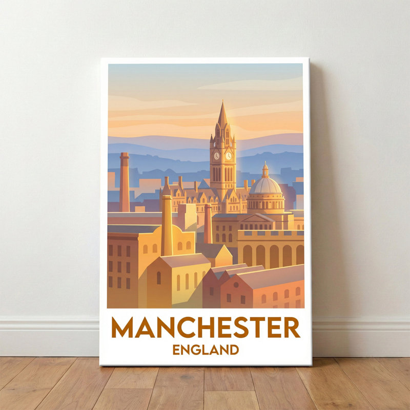 Manchester, England - Golden Hour Skyline Travel Poster celebrating mills, clock towers and city romance. Giclee Print on Wrapped Canvas. Wall Art, Home Decor - Cities & Towns, England 1 Piece Wrapped Canvas Wall Art
