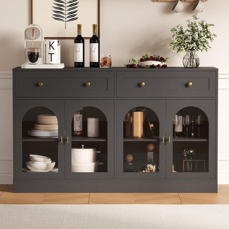 55 Inch Wide Sideboard Buffet Cabinet with 4 Acrylic Doors & 2 Drawers, Farmhouse Kitchen Storage Cabinet, Wooden Console Table for Living Room, Dining Room, Entryway