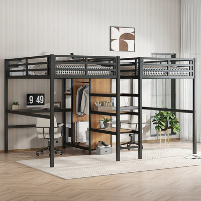 Twin Over Twin Metal Loft Bed With Double Desk And Wardrobe And Shelves With Electrical Outlet