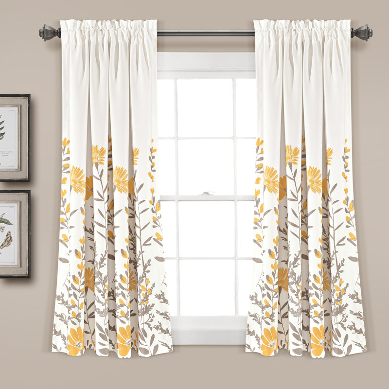 Yellow and Gray Floral Polyester Blackout Window Panels, 52"W x 63"L