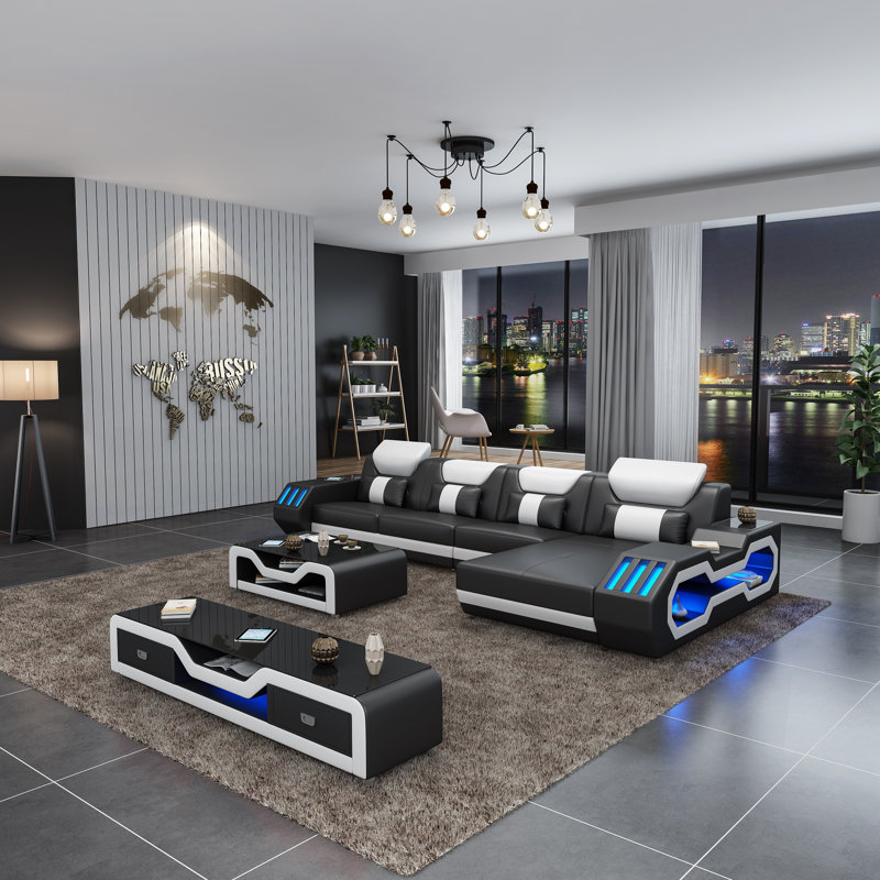 Starfighter Upholstered Power Reclining L-Shaped Sectional, Black/White Genuine Leather, Right Hand Facing