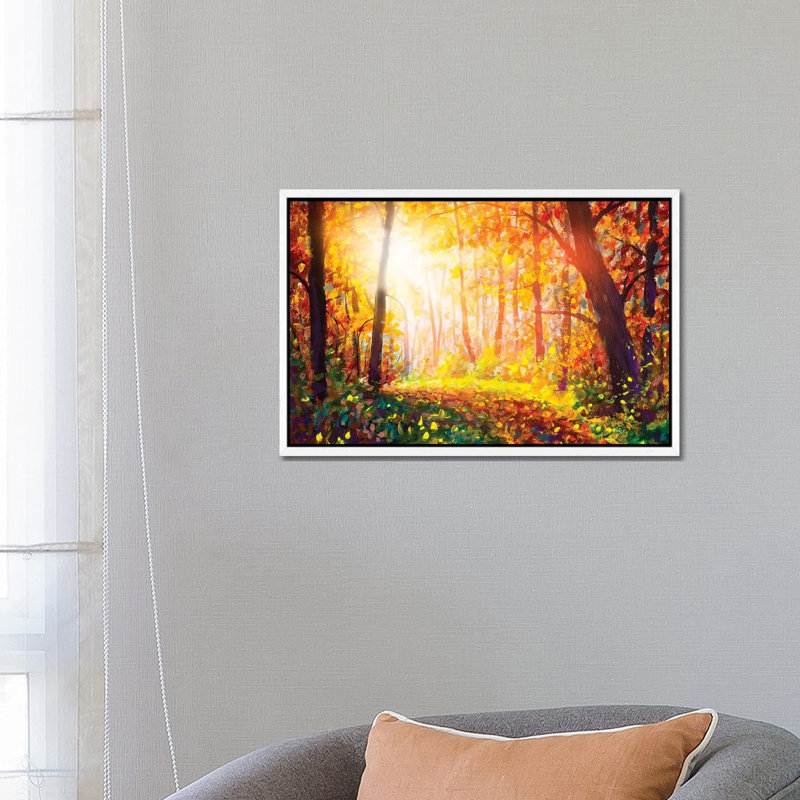 Footpath Through Foggy Forest In Autumn Illuminated By Sunbeams by Valery Rybakow - Painting on Canvas, White Framed