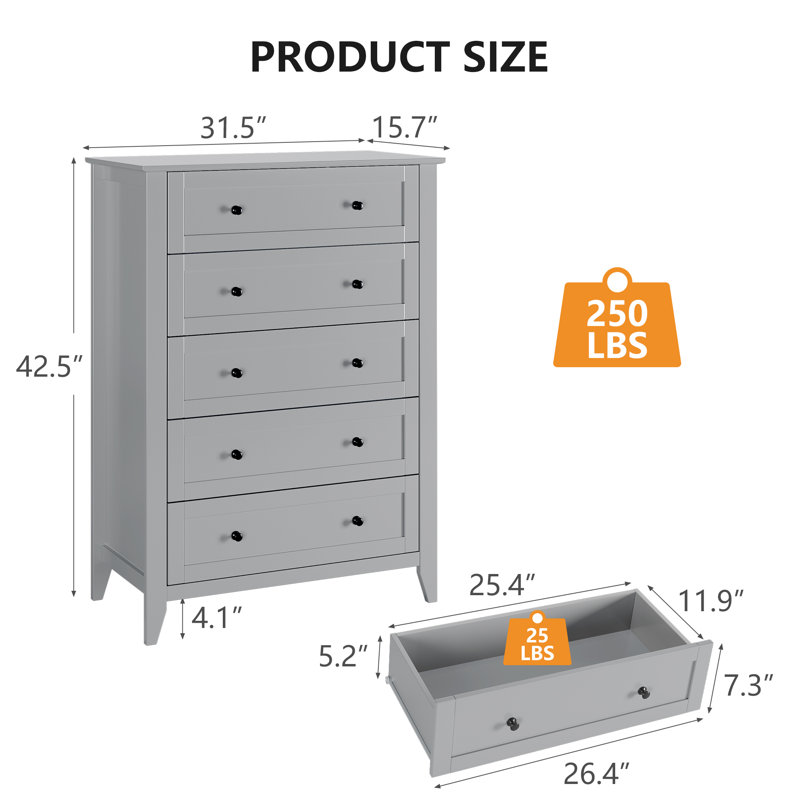 Commode 5 tiroirs pour chambre à coucher, Gris