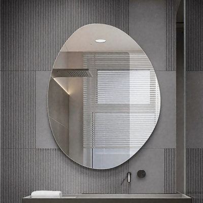 Miroir de salle de bain 1 pièce - Conception asymétrique moderne avec bord lisse sans cadre - Verre argenté sans cuivre HD