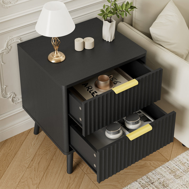 Fluted Nightstand With Curved Profile Design, 2-Drawer End Table, Bedside Table For Bedroom, Living Room, Black