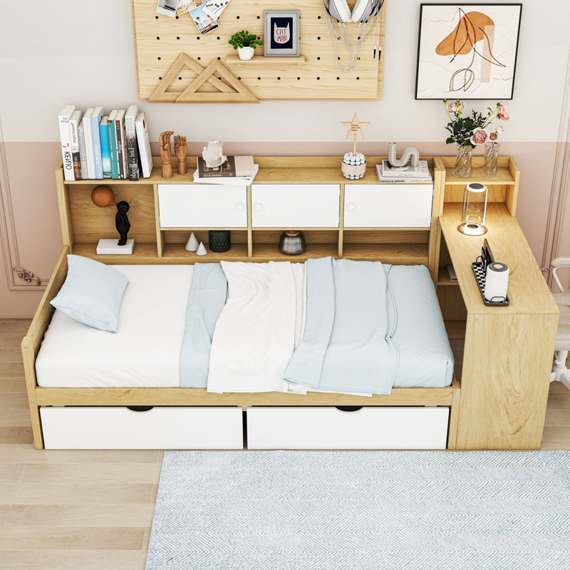 Lit de jour en L en bois avec bureau d'étude et tiroirs intégrés, Naturel / Blanc, Lit simple