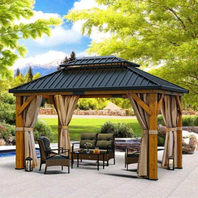 Solid Wood Patio Gazebo with Double Roof Hardtop and Curtains, 13ft W x 11ft D