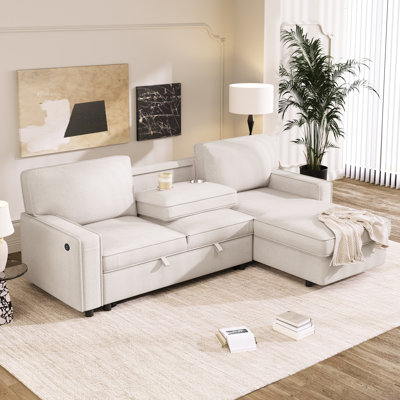 Beige Sleeper Sectional With Handy Storage And Socket 3 Storage, Nuance