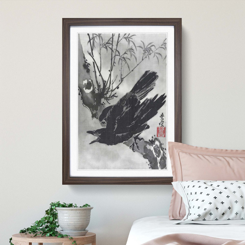Crow on a Branch by Kawanabe Kyosai - Picture Frame Painting Print on MDF, 65cm H x 48cm W x 2cm D, Walnut Framed