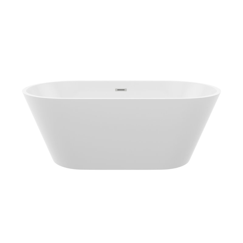 Baignoire autoportante 59 po en acrylique, baignoire autonome, fini blanc brillant, trop-plein noir et bonde escamotable