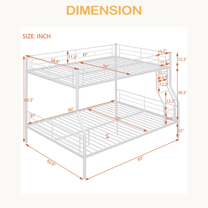 Full XL Over Queen Metal Bunk Bed, White