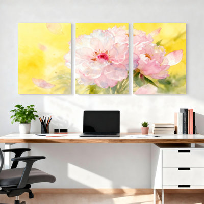 Pivoine, aquarelle sur toile, ensemble de 3 panneaux, fond rose et jaune doux, style bohème moderne pour le salon ou la chambre à coucher
