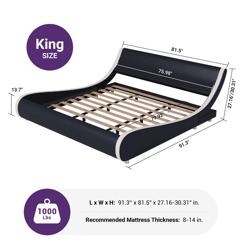 Low Profile Sleigh Bed With Adjustable Headboard, King, Black/White