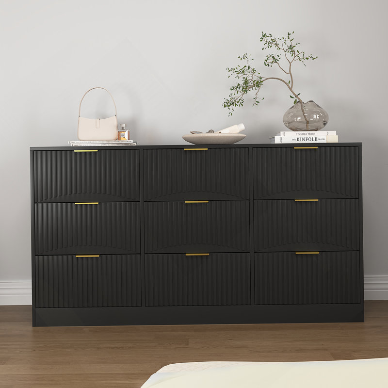 Commode 9 tiroirs, commode en bois pour chambre à coucher, Noir