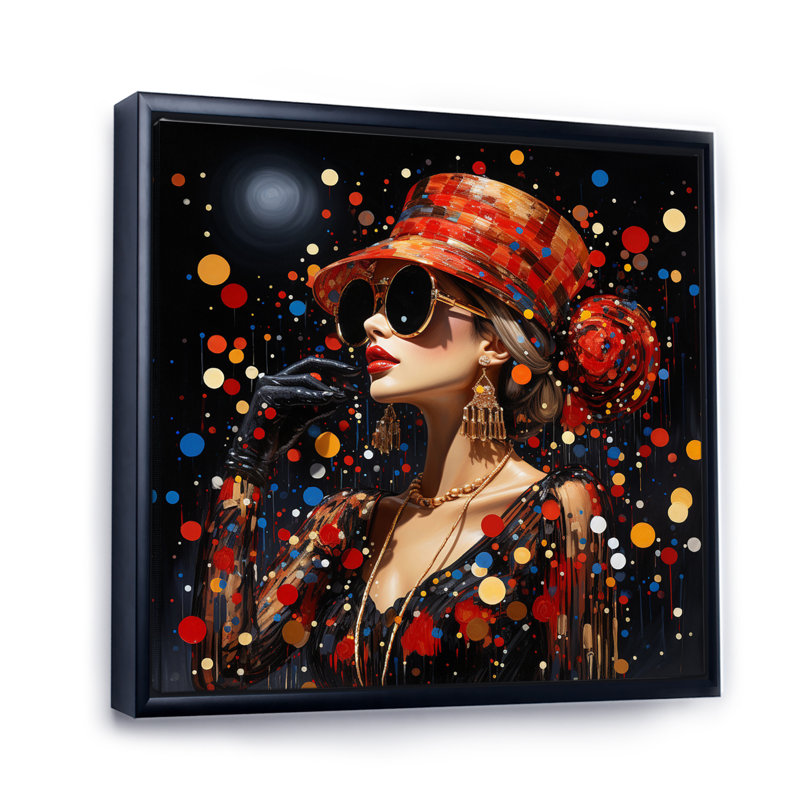 Portrait de mode rouge pointillisme II - imprimé, H 36 po x l 36 po x P 1,5 po, Cadre flottant noir