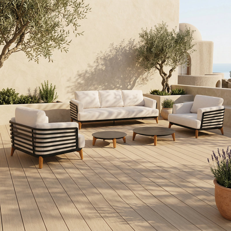 5-Piece Premium Patio Conversation Set, 86.6" 3-Seat Sofa, 2 Lounge Chairs & 2 Round Coffee Tables, Black/Cream