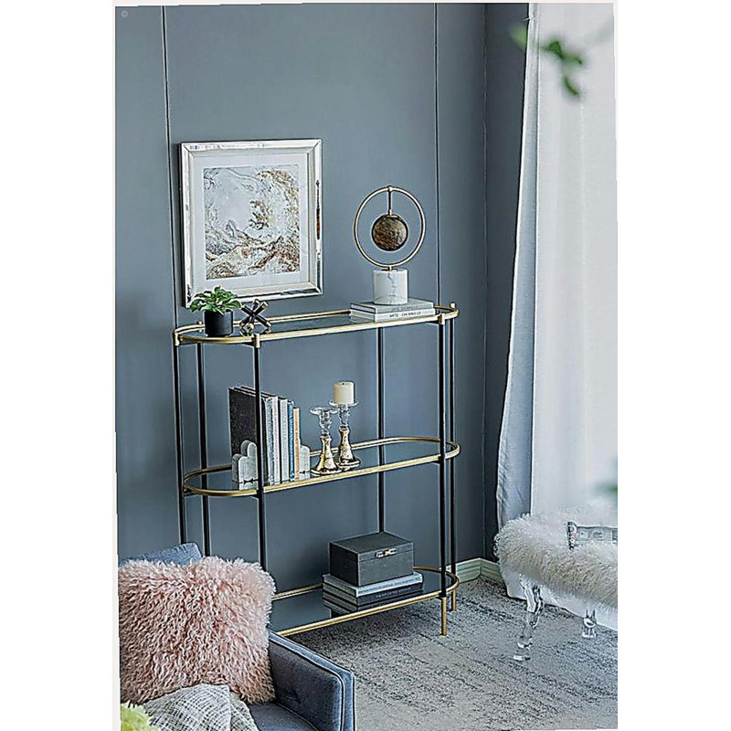 Table basse 48,5 x 16,5 x 50 po en métal à 3 couches avec cadre en miroir or noir