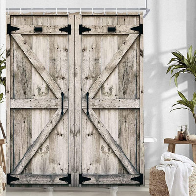 Farmhouse Charm: Rustic Wooden Barn Door Shower Curtain with Hooks - Waterproof Vintage Cabin Decor