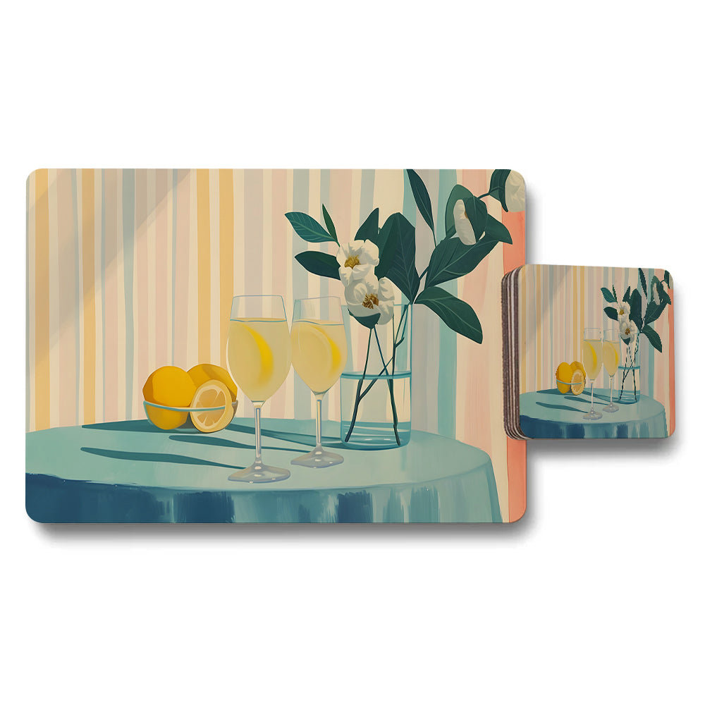 Lemon Citrus Placemats And Coasters Set With Glasses Artwork