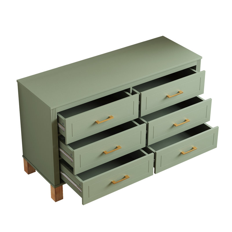 Commode double 6 tiroirs en bois robuste, Vert sauge