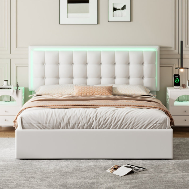 Lit plateforme avec rangement en cuir Duchesne, Blanc