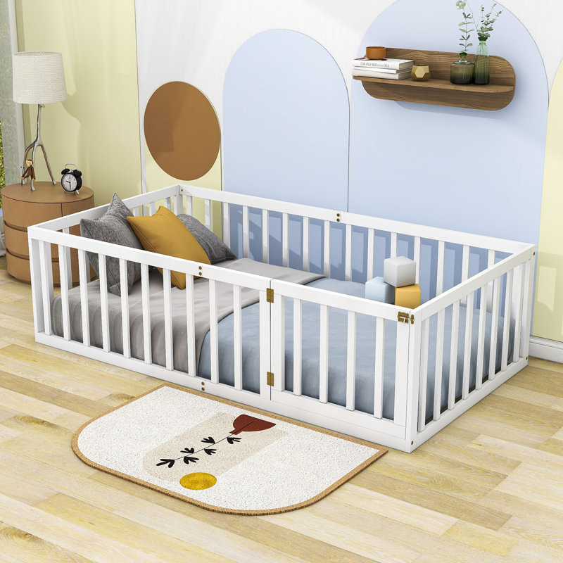 Hajer Wood Platform Bed with Fence and Door, White, Twin