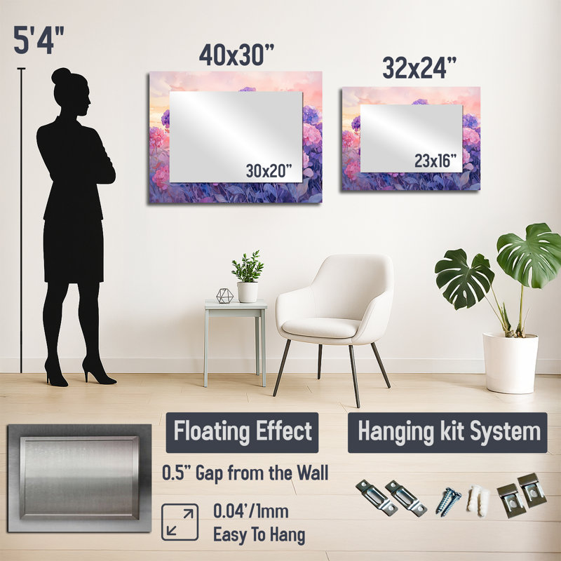 Hydrangea Field At Dusk II - Miroir mural décoratif floral - imprimé sur métal, 24 po x 32 po