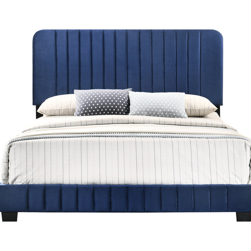 Lit double bleu marine - H 48 po x l 59 po x P 81 po, design contemporain, chic pour la chambre à coucher, velours, mousse, assemblage requis et soutien durable, nécessaire