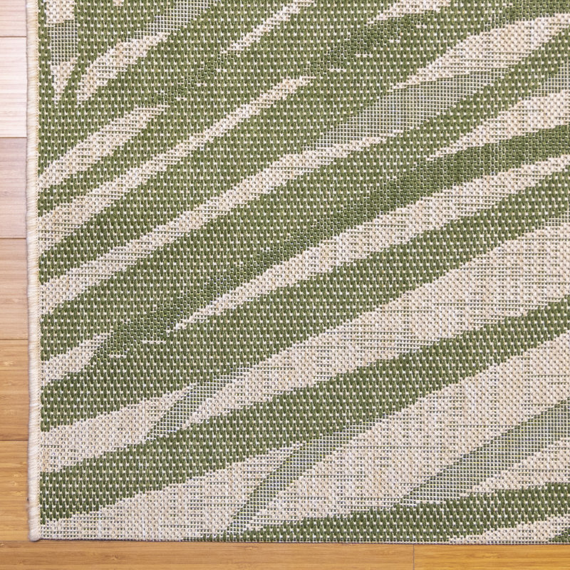 Paseo Paume All-Weather Flatweave Indoor/Outdoor Area Rug, Palm Green Beige Palm Leaf – Patio, Deck, Porch & Living Room - Green, 5x7
