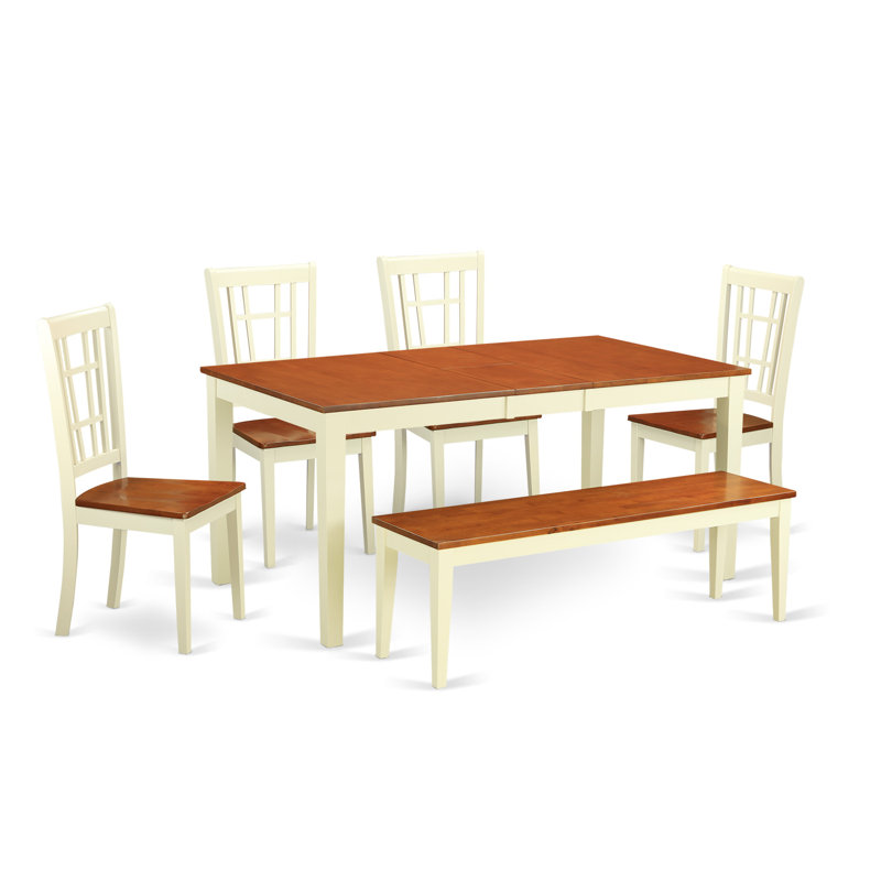 6 Piece Dining Table Set Contains a Rectangle Dining Room Table with Butterfly Leaf and 4 Wooden Seat Chairs with a Bench, Buttermilk & Cherry