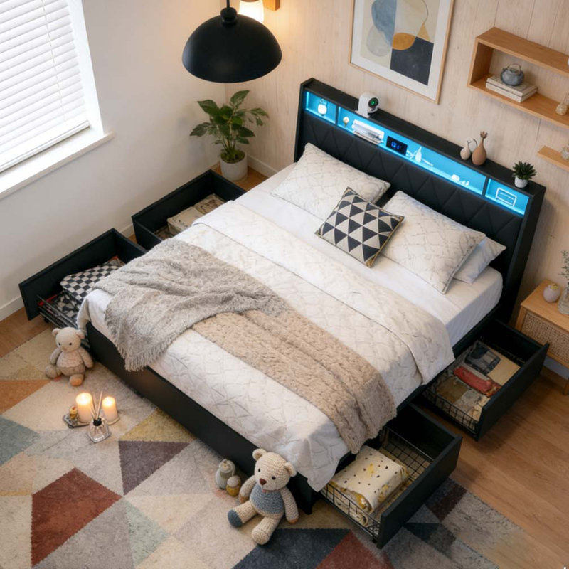 Cadre de grand lit avec tête de lit ergonomique, cadre de lit plateforme grand avec prises et chargeur et lumière DEL, Noir