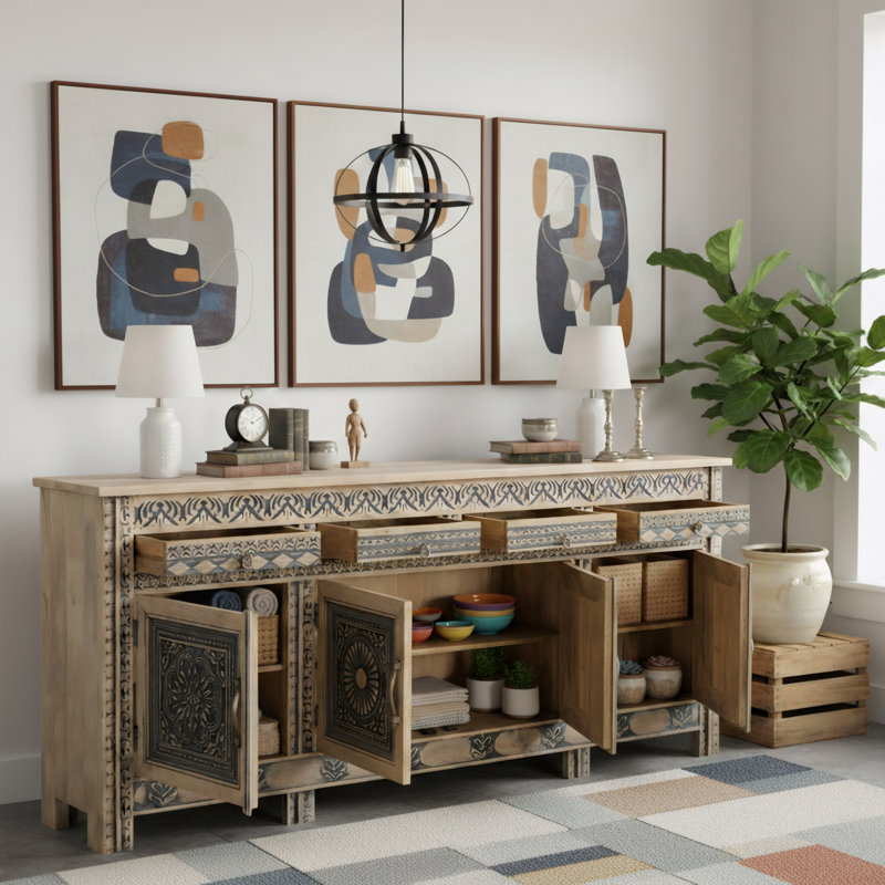 Buffet en bois massif sculpté à 4 tiroirs et 4 portes, L 102 po